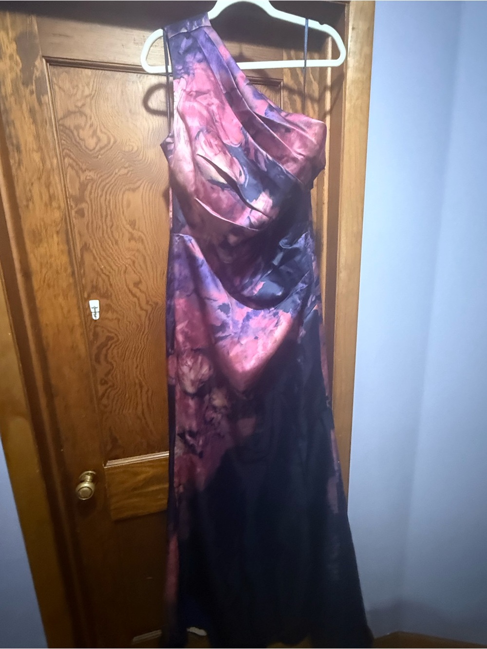 Rene Ruiz One-Shoulder Satin Gown in Purple and Pink